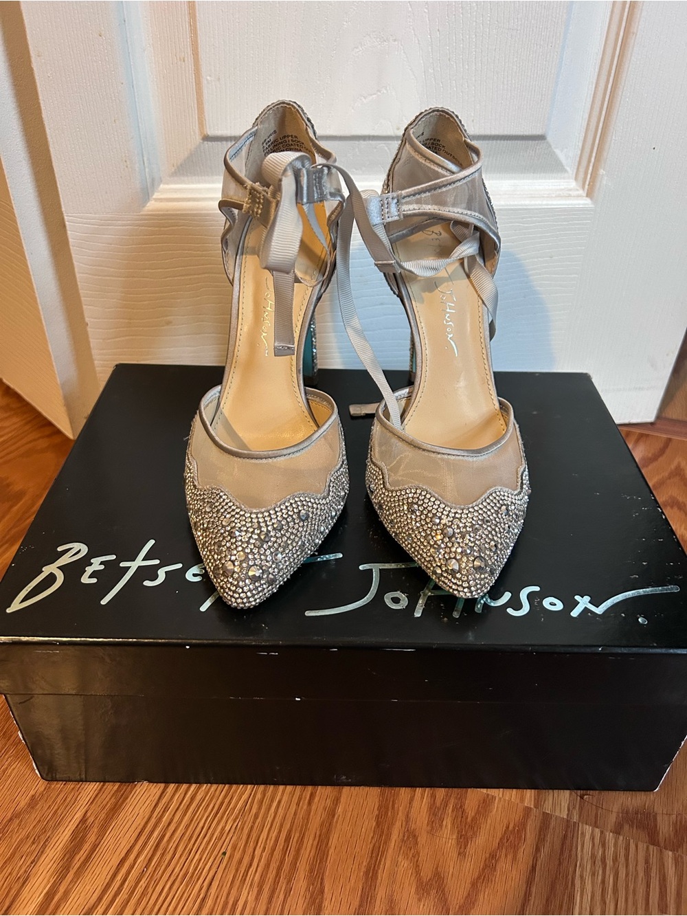 Betsey Johnson Silver Crystal Pointed-Toe Ankle Tie Heels